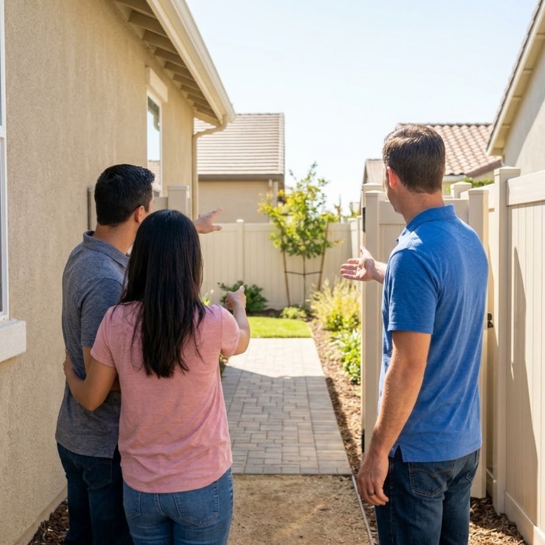 Homeowners indicating where to place a swim spa.