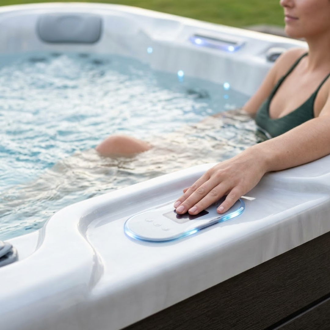 A woman lounging in her hot tub.